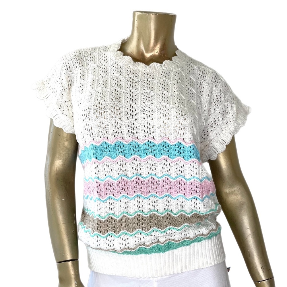 VINTAGE CRISTIN STEVENS OPEN WEAVE CROCHET SCALLOPED TRIM PASTEL STRIPES SWEATER